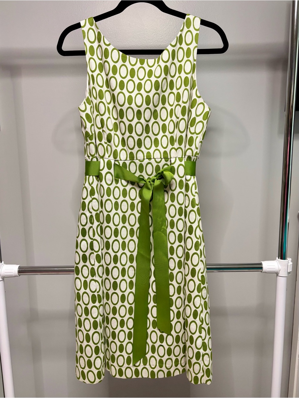 dressbarn White and Lime Green Oval-Print Sleeveless Belted Midi Dress